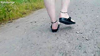 chubby german barefoot in birkenstocks walks public outdoor showing fetish feet n toes