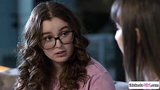 petite stepdaughter licks stepmom's pussy while big tits bounce in lesbian play