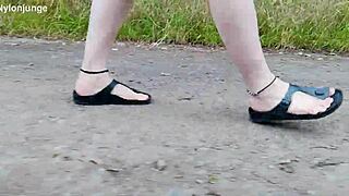 chubby german barefoot in birkenstocks walks public outdoor showing fetish feet n toes
