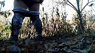 Chubby mature bbw squats hairy pussy to piss wildly in nature outdoors