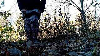 Chubby mature bbw squats hairy pussy to piss wildly in nature outdoors