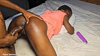 petite ebony teen's creamy pussy vibrates wildly before doggystyle ride