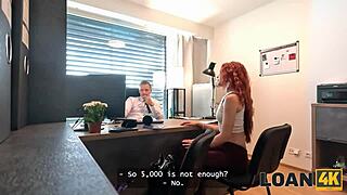 Hot fit redhead seals steamy business deal seducing the loan manager in office