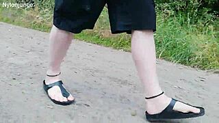 chubby german barefoot in birkenstocks walks public outdoor showing fetish feet n toes