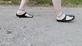 chubby german barefoot in birkenstocks walks public outdoor showing fetish feet n toes