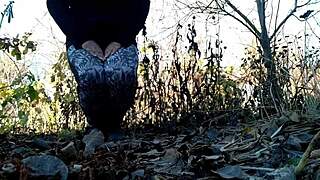 Chubby mature bbw squats hairy pussy to piss wildly in nature outdoors