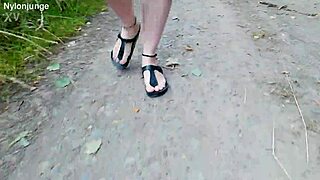 chubby german barefoot in birkenstocks walks public outdoor showing fetish feet n toes