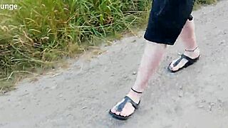 chubby german barefoot in birkenstocks walks public outdoor showing fetish feet n toes