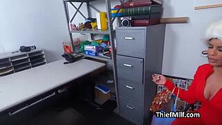 Wealthy cougar gags sloppy on cock after getting caught stealing in office