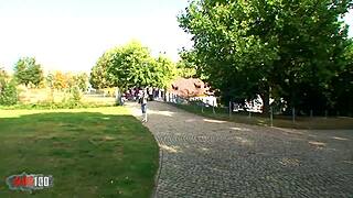 Blonde Amateur Couple's Outdoor Anal Ends with Massive Cumshot on Her Big Tits.