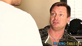 Masseuse babe's lingerie handjob leads to desk facial cumshot