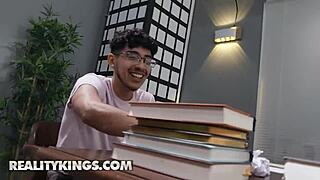 Librarian Christina Savoy's Shaved Pussy Fucked by Sneaky Diego Behind Shelves!