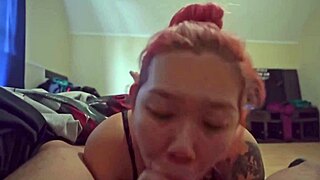 sexy asian gags on huge morning cock swallowing sloppy cum
