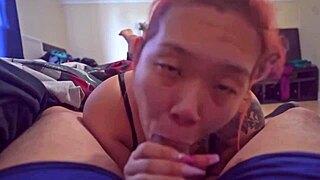 sexy asian gags on huge morning cock swallowing sloppy cum