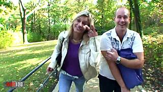 Blonde Amateur Couple's Outdoor Anal Ends with Massive Cumshot on Her Big Tits.