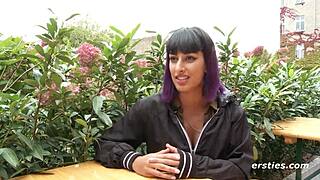 german ersties babe flashes pierced nipples teases wet trimmed pussy clit in public restroom