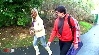 Blonde Amateur Couple's Outdoor Anal Ends with Massive Cumshot on Her Big Tits.