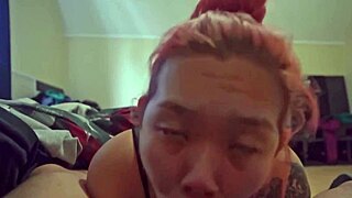 sexy asian gags on huge morning cock swallowing sloppy cum