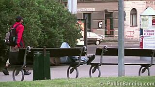 a young cute petite teen gets her pussy and mouth filled in public street threesome orgy right in city center.