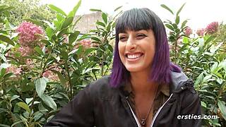 german ersties babe flashes pierced nipples teases wet trimmed pussy clit in public restroom