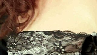 brunette milf mom fingers her shaved pussy hard masturbating with handjob on bed in stockings and heels