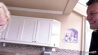 Skinny Blonde Pigtail Uniform Girl in Miniskirt Overknee Socks Seduces Old Guy Cheating Fuck