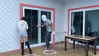 hey we snuck in their house and fucked rough doggystyle on the bed girlfriend riding cum covered