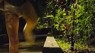 Ting Xuan heads outdoors, pees publicly, drops her skirt and strokes her ladyboy cock in the park.