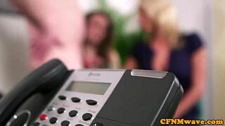 wanna see this busty british femdom tug her sub's cock in stockings glamour threesome?