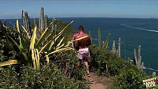 Pervy Blonde Grabs Two Strangers for Outdoor Beach DP Threesome with Facial!