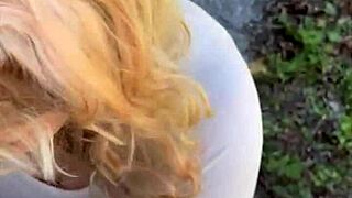 pretty hooker kneels for cumshot after deepthroating stranger on street