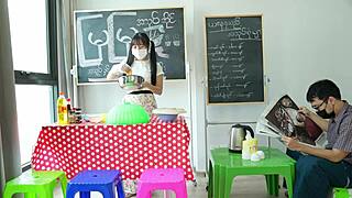 That cute asian teen bends over in her store for rough doggystyle pounding