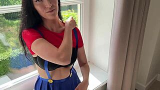 Brunette Cosplay Babe in Super Mario Outfit Rides Monster Cock Cowgirl Style