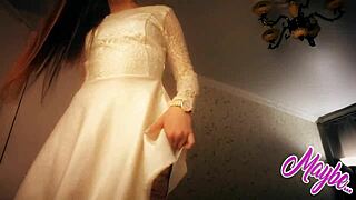 Sweet babe in white dress undresses for solo fingering fun