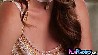 Brunette milf Bella Donna rips lingerie for sexy posing reveal.