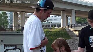 alexis crystal takes public facial from two guys in wild threesome orgy