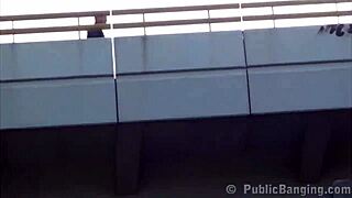 alexis crystal takes public facial from two guys in wild threesome orgy