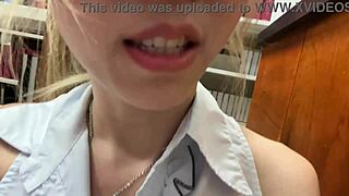 shy asian bookworm sneaks masturbation fingers in library next to reading stranger