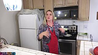 stepmom milks stepson's huge cock in kitchen before his date with her lactating tits