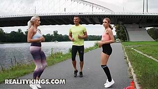 Brittany Bardot and Rika Fane ride Nick's cock after jog break