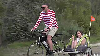 This petite brunette babe starts with a handjob on monster cock then 69 licks before tight pussy stuffed doggystyle missionary tied up.