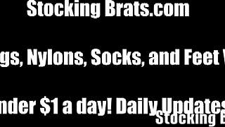 Girls don sexiest stockings for footjob sucking licking fetish