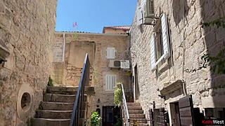 babe spots stranger at resort bends over for rough doggystyle creampie in public