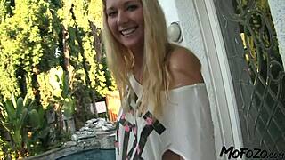 Blonde student with big tits strokes his cock so well