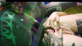 Three tattooed punk goth lesbians dive into first-time anal gape, prolapse, cum swap and ass worshiping.