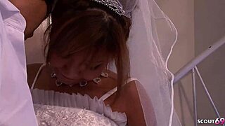 Japanese teen bride blows before soapy slide orgasm post-wedding