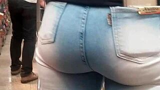Brunette's Juicy Ass Spied In Market Jeans