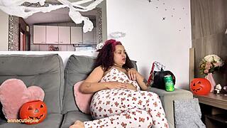 chubby ebony babe in halloween costume farts and burps during cozy movie night