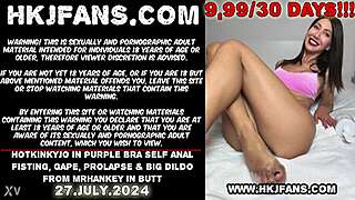 Hotkinkyjo Self Fists Anal Gape Prolapse in Purple Bra with Big Dildo!