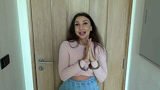 Gorgeous handcuffed babe begs shelter trades deepthroat ride cum